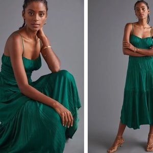 Anthropologie Ruched Slip Dress- emerald green